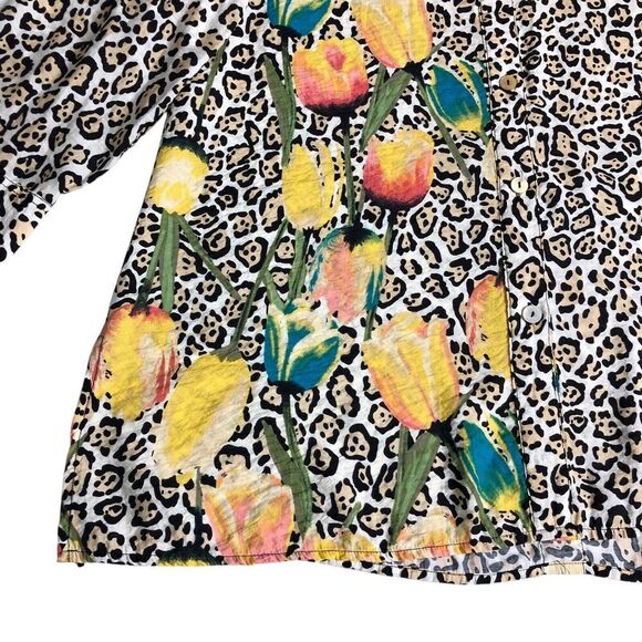 Multiples Top Womens M Cheetah‎ Floral Print Long Sleeve Button Lagenlook Boho - Picture 3 of 12